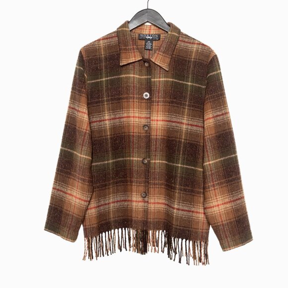 SOLD - Vintage Brown Green Wool-Blend Plaid Fringed Shirt Jacket Norton Studio - Picture 12 of 12